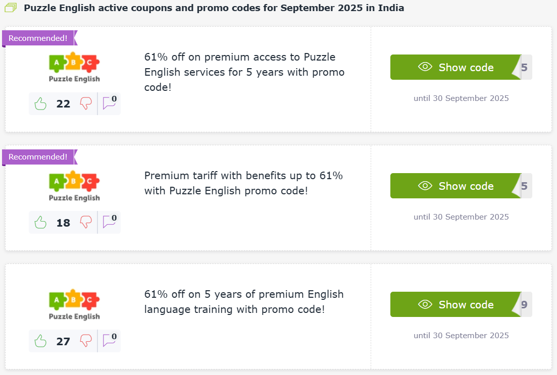 Puzzle English promocodes