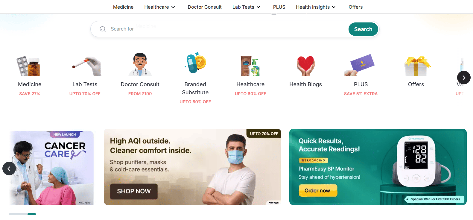 Pharmeasy main page