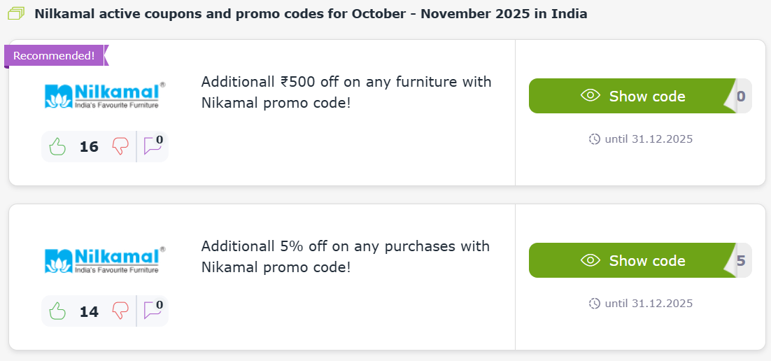 Nilkamal promo codes